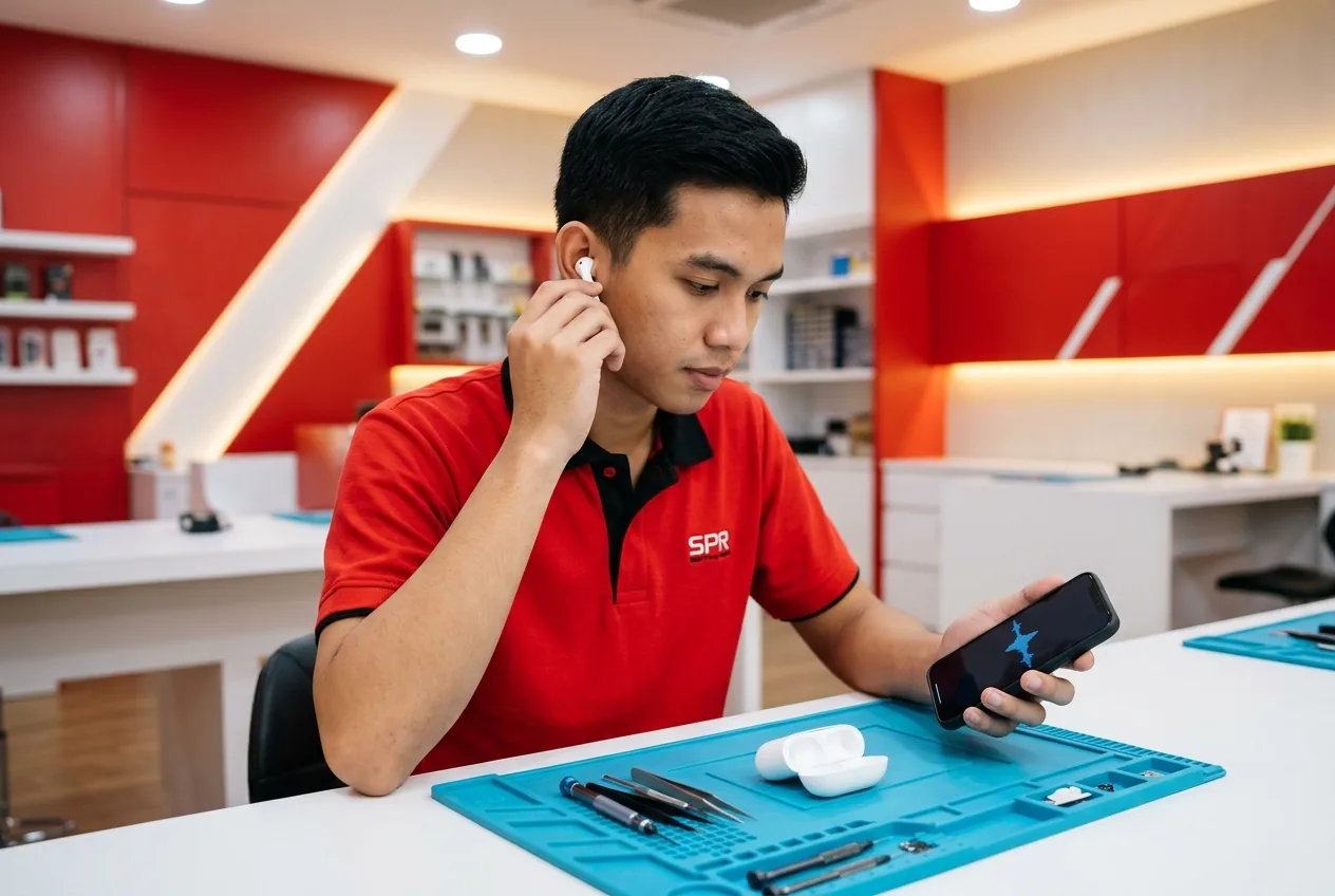 Technician listening to an AirPods earbud while playing sound from a test phone