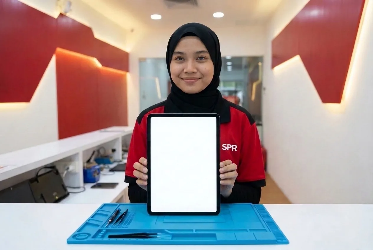 SPR technician holding an iPad showing a white screen test after a display replacement