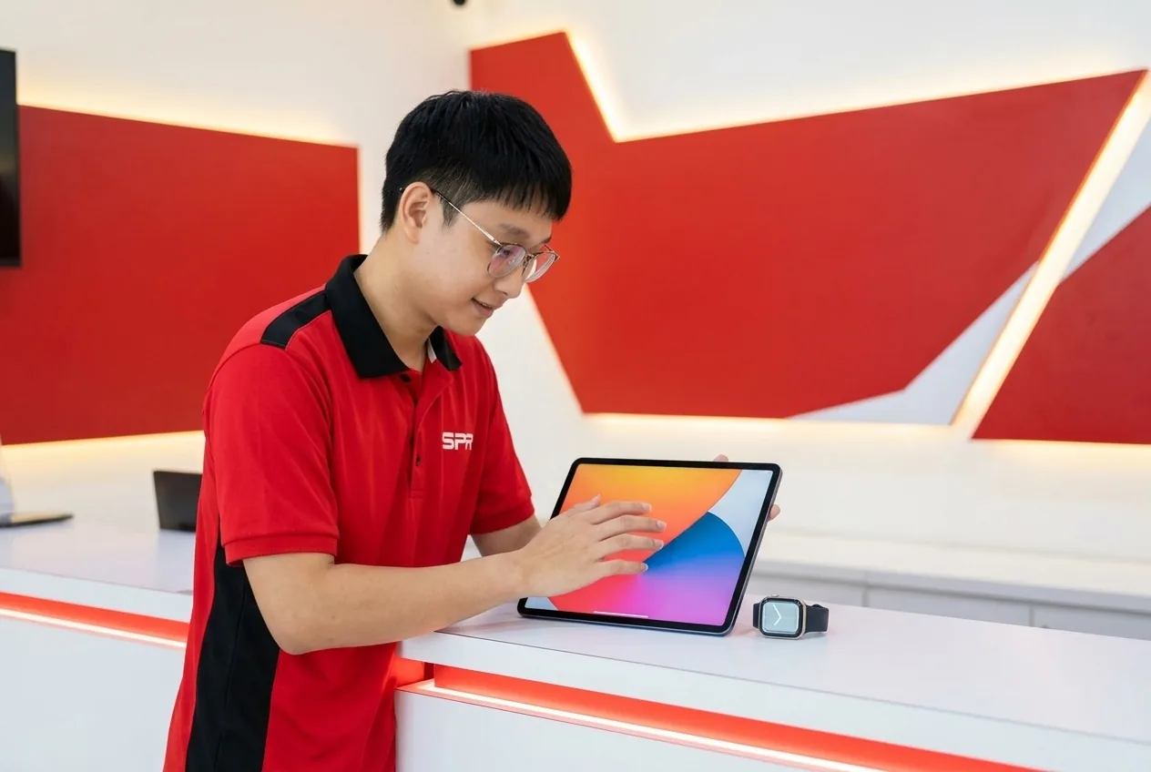 Technician testing a repaired iPad at the counter, Apple Watch beside it
