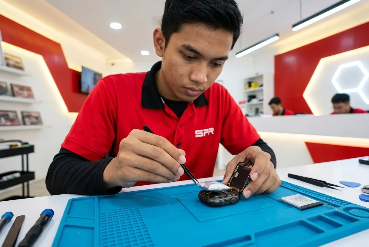 Technician replacing the battery of an opened Apple Watch on the repair mat