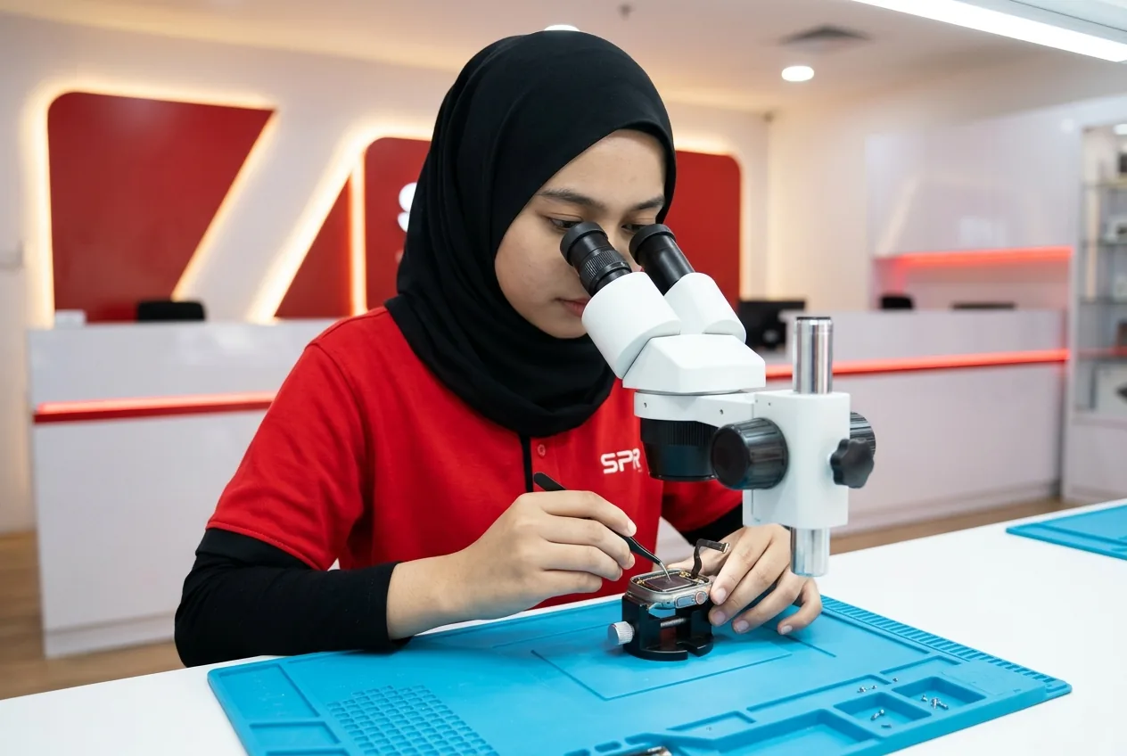 Technician working on the Digital Crown of an Apple Watch under a microscope