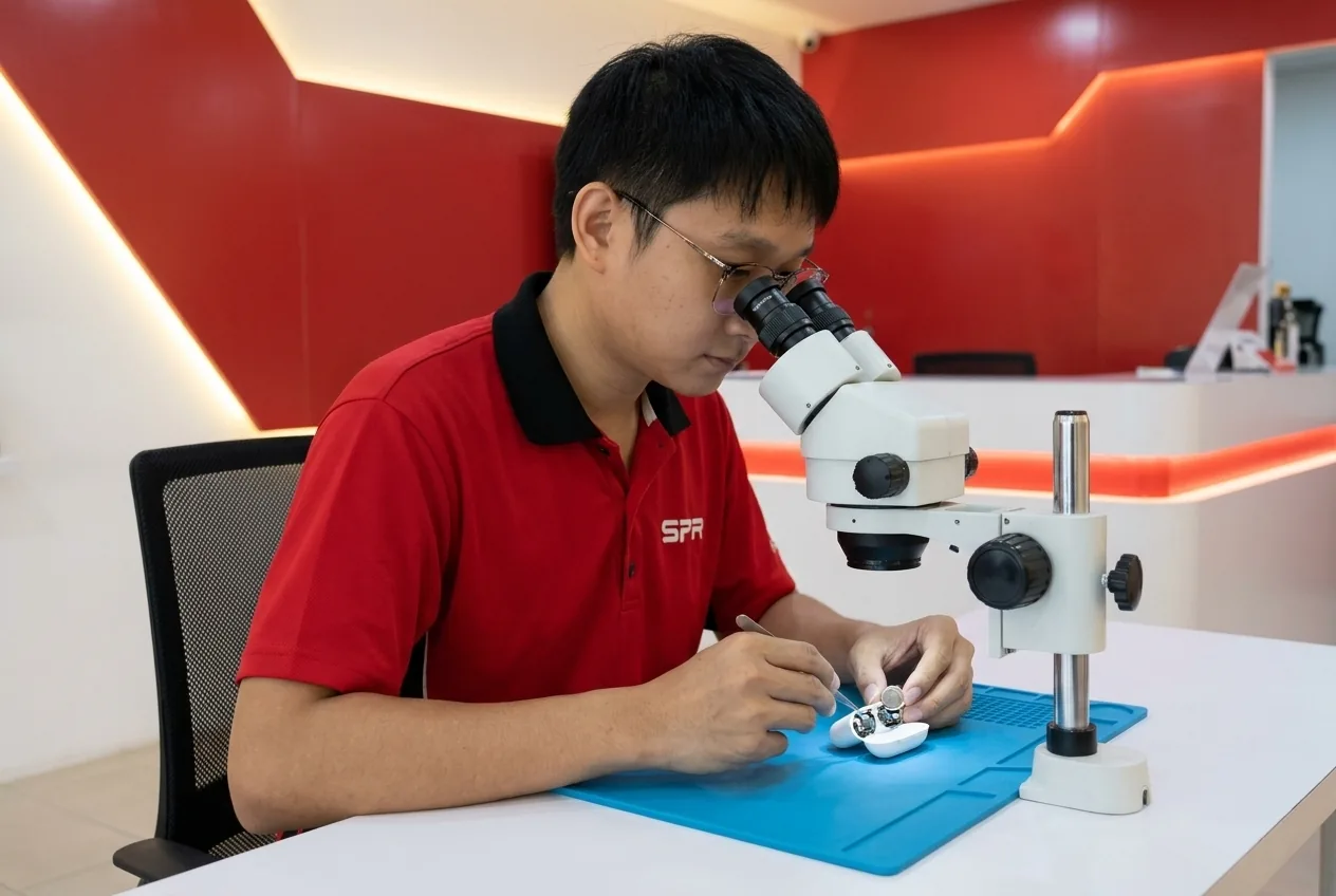 Technician opening an AirPods earbud to replace its battery
