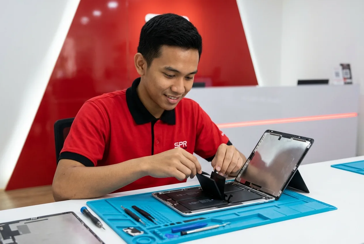 Technician replacing the battery inside an opened iPad