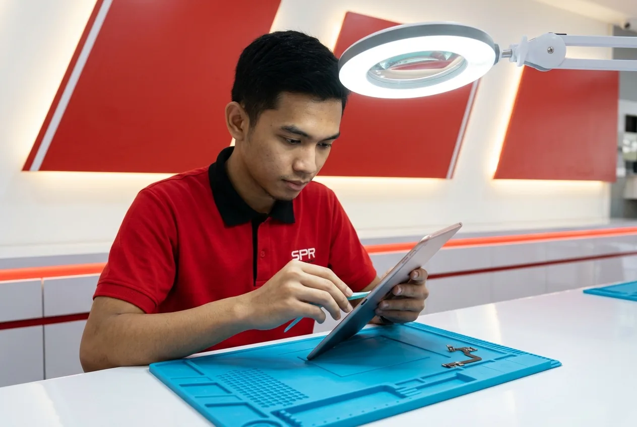 Technician working on the charging port of an iPad