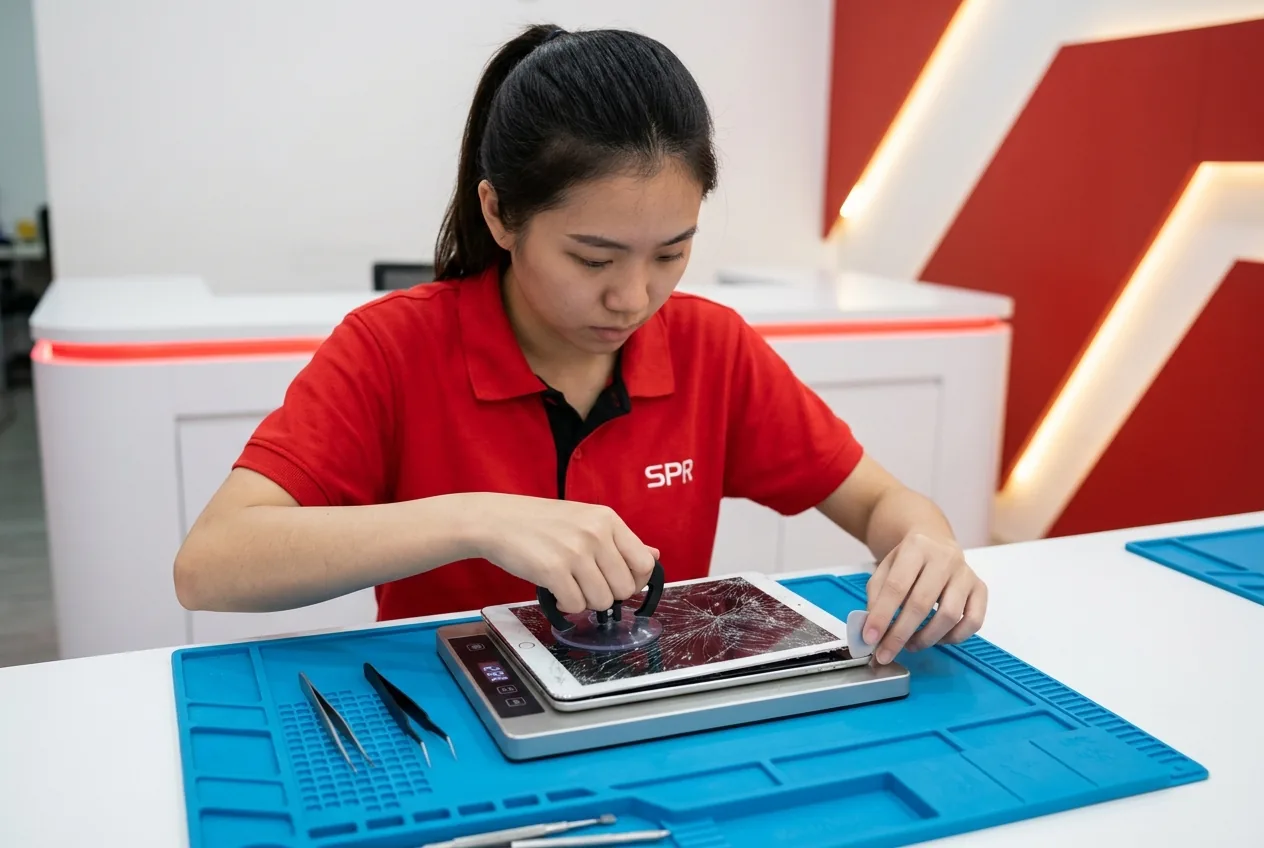 iPad with cracked touch glass on the repair bench