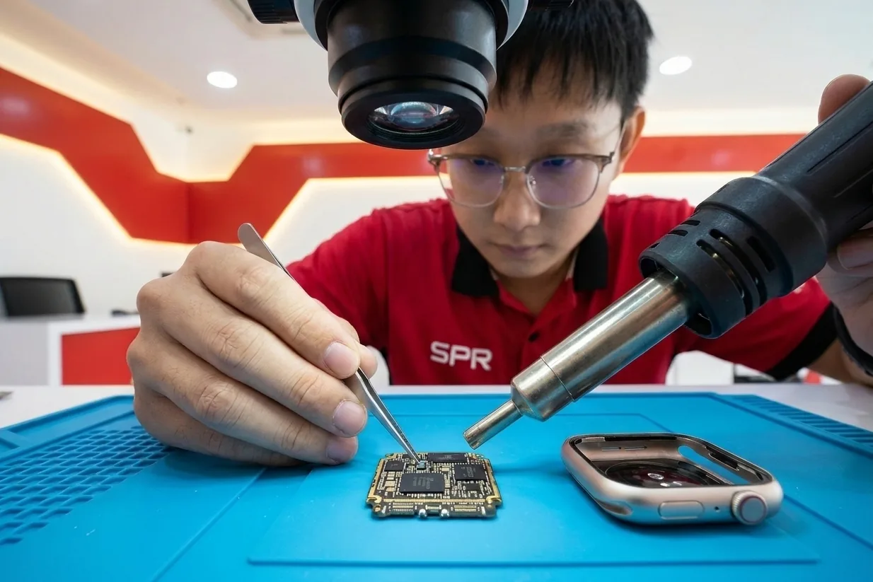 Apple Watch logic board under the microscope next to its opened case